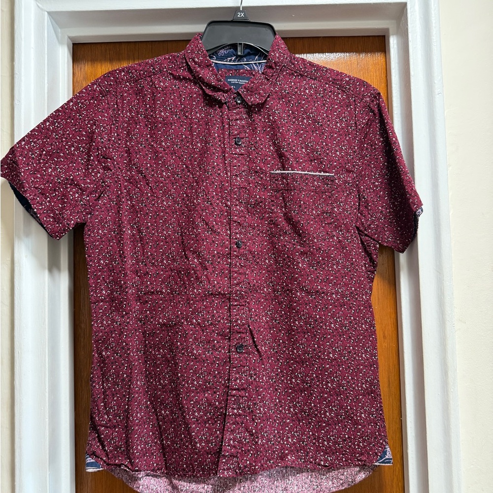 Men's Burgundy Patterned Short Sleeve Shirt